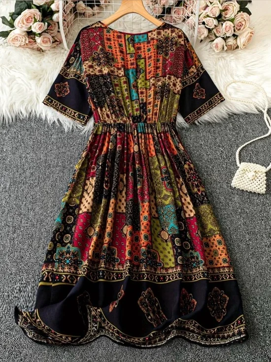 Bohemian Patchwork Print V-Neck Midi Dress - Multi New Boutique - Picture 2 of 5